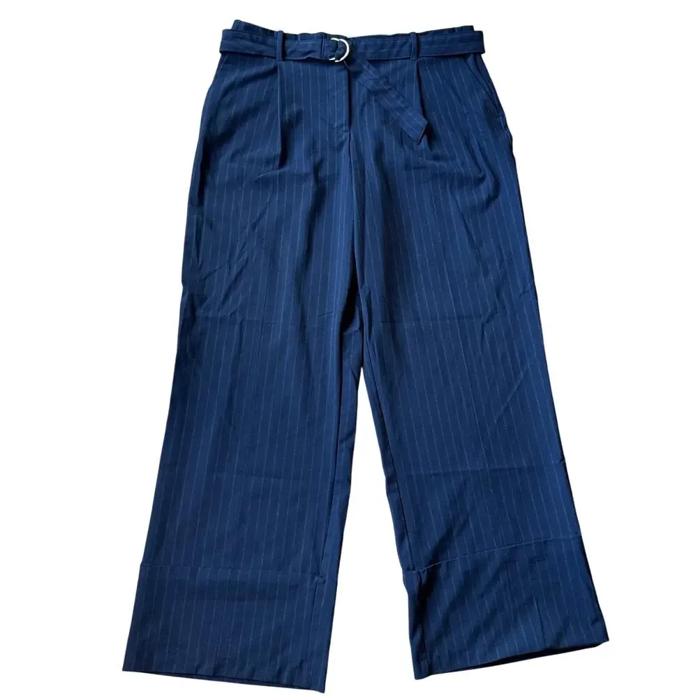 Zara Navy Blue Pinstripe Pleated Wide Leg Trouser Pants Sz L Classic Preppy Chic